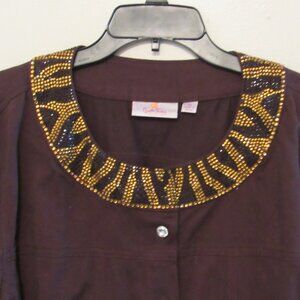 Quaker Factory Jacket Womens 2X Brown Rhinestone Tiger Stripe Design Collar Cuff